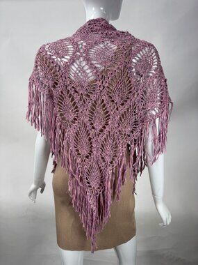 Crochet Lilac Fringe Shawl Wrap With Intricate Openwork Design